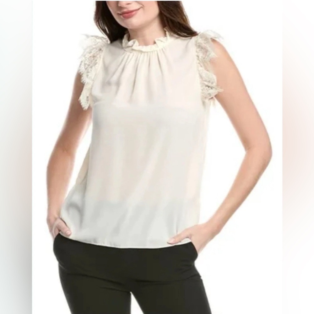Catherine Malandrino Sheer Ruffle Lace Top Women's-Ivory Size Medium High Neck